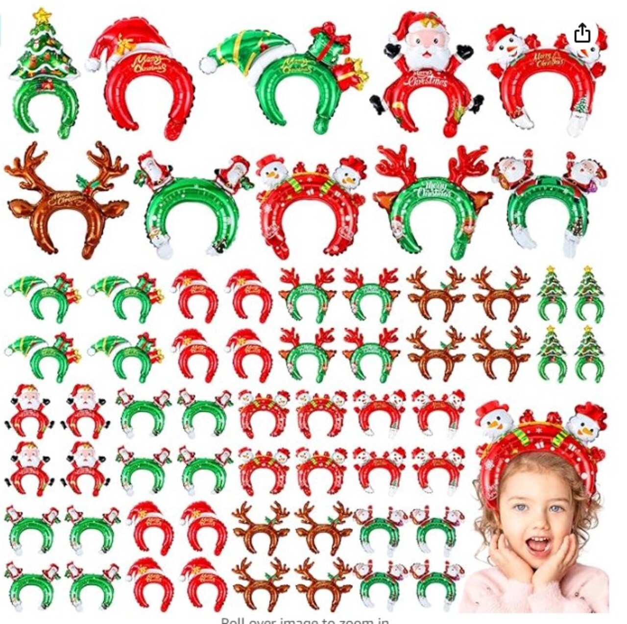 200 Inflatable Christmas Headbands Christmas Birthday Carnival Party Decorations Santa Snowman Balloon Hair Hoop Gift Box Reindeer Tree Balloon Kit with Pump